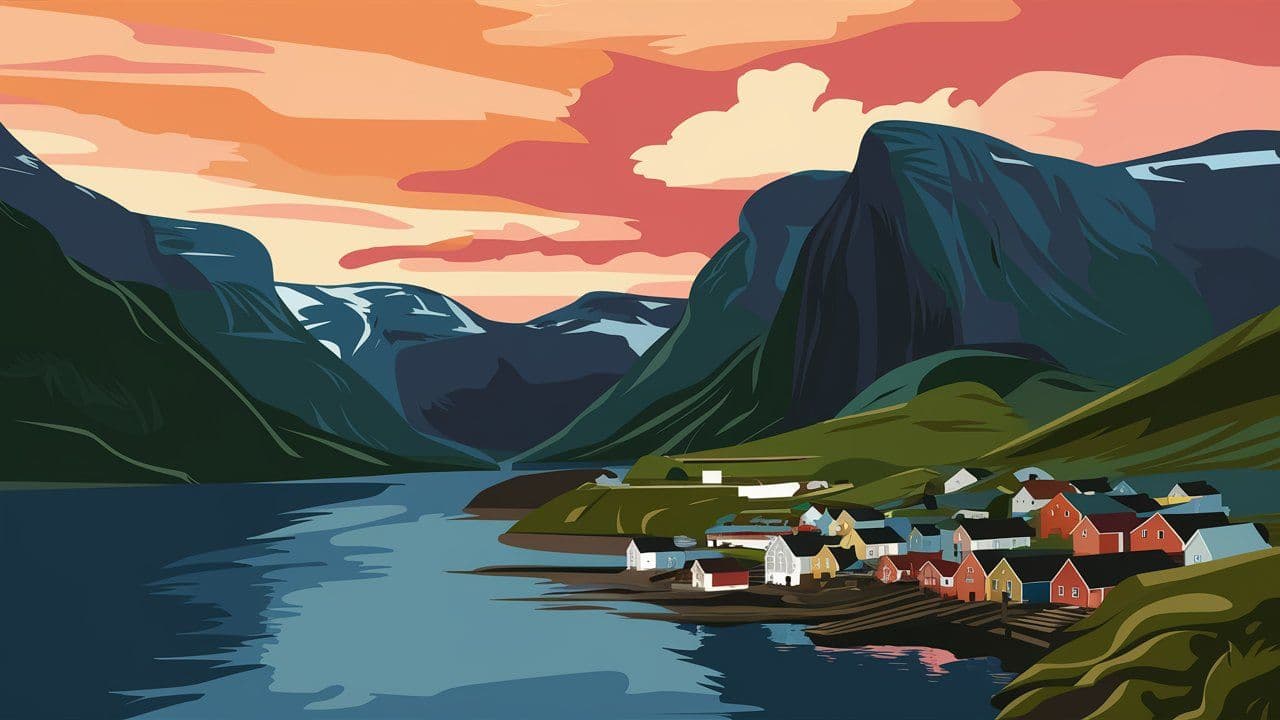 An image of a peaceful Norway village near a fjord